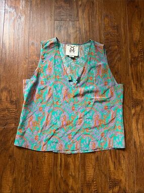 FIGUE Sleeveless Paisley V-Neck Tank Top - Turquoise & Orange, 100%‎ silk
